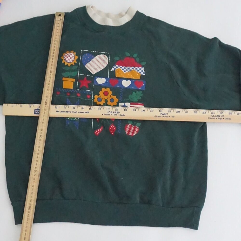 Vintage Gopher Sport Green Patchwork Quilt Square Heart Floral Folk Sweater 2X - Picture 2 of 10